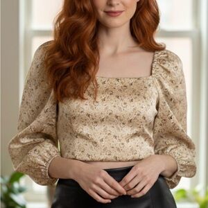 Molly Green Tiny Floral Cropped Top Blue White Silky Satin Look  Cottage Core M